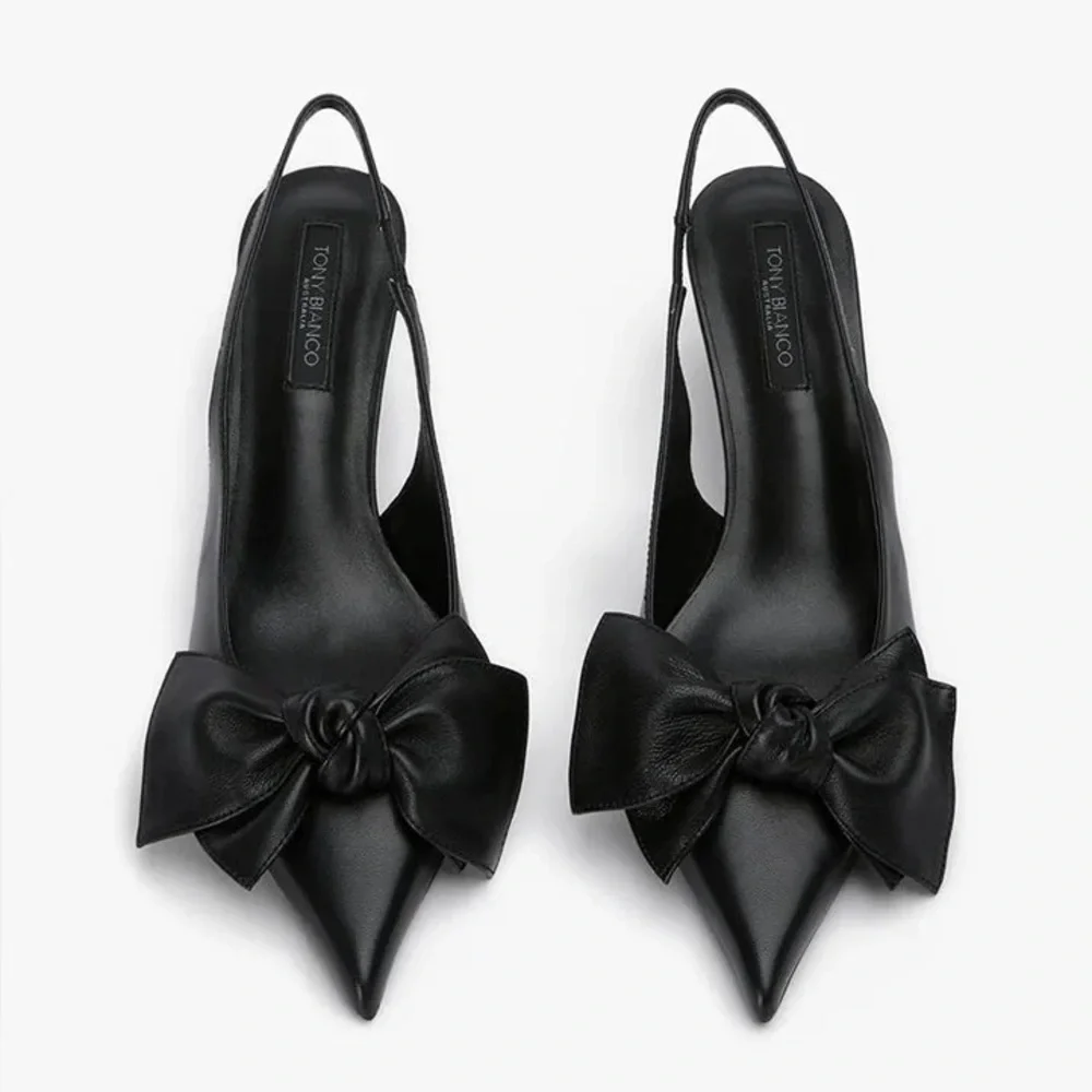Tony Bianco Delilah Slingback Heels Black Leather Bow Pointed Toe Pumps Size 8